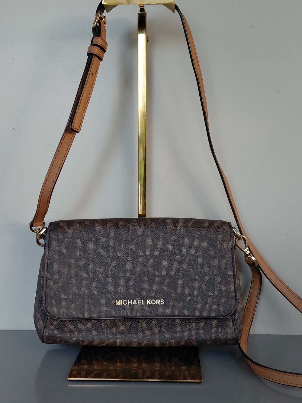 Michael Kors Brown Logo-Print Crossbody with Tan Strap